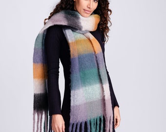 long chunky soft brushed wide stripe oblong scarf with braided tassels