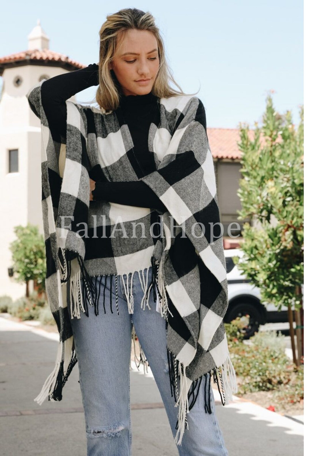 Plaid Buffalo Print Poncho Flannel Large Size 51