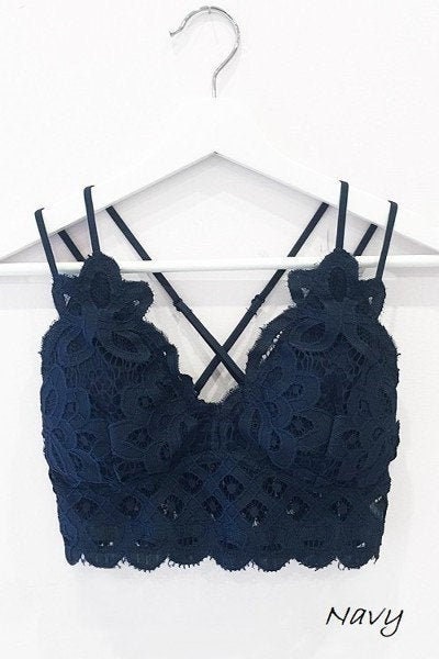  Navy Blue Lined Elastic Floral Lace Bralette, Size XS