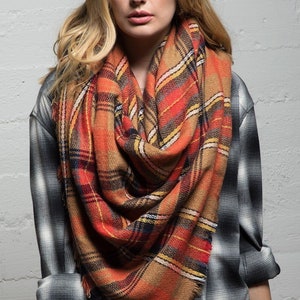 Autumn Plaid Scarf w/ Fringe  - BEIGE RUST (Pack of 6)