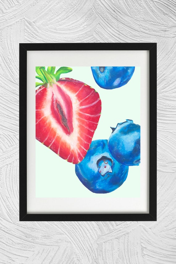 Strawberry and Blueberry Watercolor Art Prints set of 2