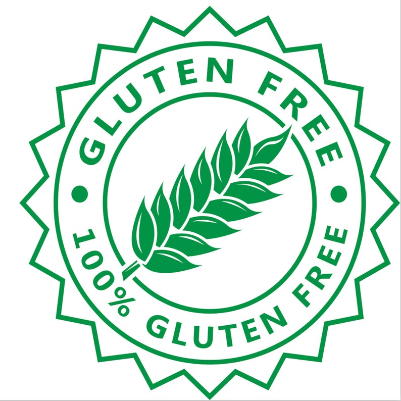 Op de afbeelding: Groene en witte ronde sticker met een afbeelding van een tarwe-aar en de tekst "Gluten Free 100% Gluten Free".