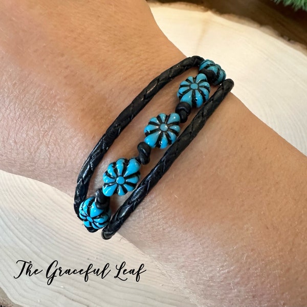 Turquoise Galaxy Framed Flowers Bracelet - Bead and Leather Cord 3-strand Bracelet