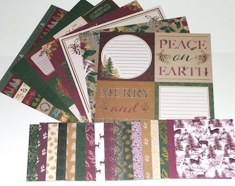スクラップブックキット 片面カードストック、スクラップブック、カードタグ作成、ジャンクジャーナリング、クリスマス、ホリデー、鹿ペイズリー、松の木