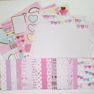 Zestaw do scrapbookingu z jednostronnym kartonem walentynkowym, scrapbooking, tworzenie etykiet na karty, dziennikarstwo, serca konwersacyjne, strzałki, paski, pastelowe