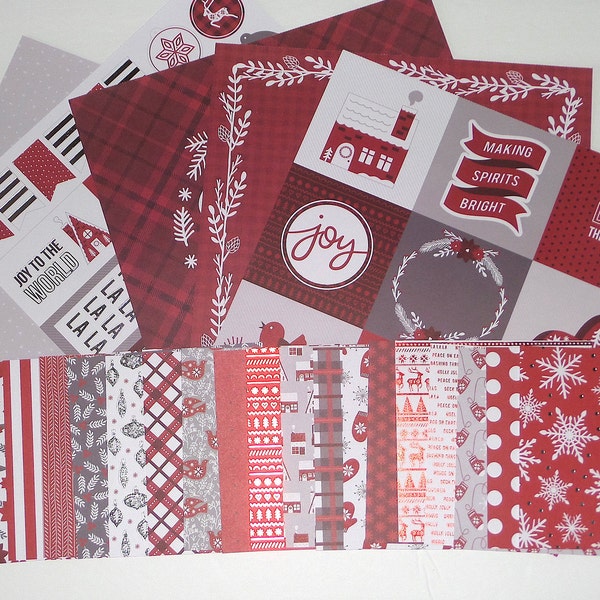 Christmas CARDSTOCK Scrapooking Kit  | Journaling | Ephemera |Card Tag Making | Red and White | Mittens | Bird | Snowflake | Reindeer | Tree