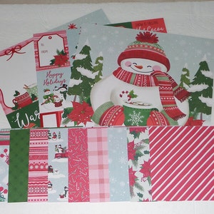KARTON BOŻONARODZENIOWY | Scrapbooking | Pamiętniki | Ephemera | Tworzenie etykiet do kart | Poinsecja | Bałwan | Czerwona ciężarówka | Rękawiczki | Czapka | Śnieg