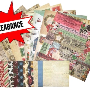 May include: A collection of decorative paper sheets featuring vintage-style Christmas illustrations, holiday motifs, and text including 'CLEARANCE', 'CONFECTIONERS', and 'Send more Post Cards this Christmas'. The papers display various patterns.