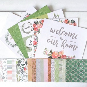 Kit de álbum de recortes cardstock, fabricación de etiquetas de cartas, collage, diario, floral, botánico, verde, naranja, coral, salvia, rosas, floración, flores