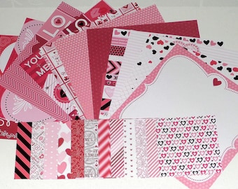 バレンタイン用スクラップブックキット 片面カードストック、スクラップブック、カードタグ作成、ジャーナリング、ハート、赤箔、フェイクスタンプ、12×12、6×6
