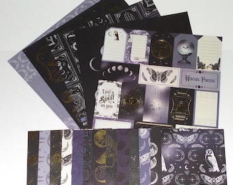 両面カードストックのスクラップブックキット、スクラップブッキング、カードタグ作り、ジャンクジャーナリング、ハロウィン、蛾、ヘビ、フクロウ、月