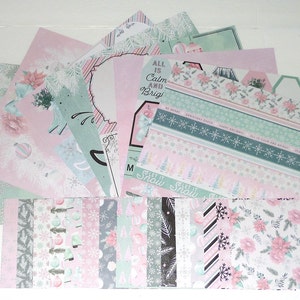 Christmas CARDSTOCK Scrapbook Kit / Diario / Ephemera / Card Tag Making / Pink Christmas / Snowflake / Ice Skates / Ornaments / Tree