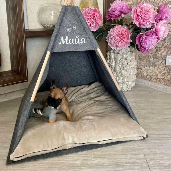Pet beds, Teepee snuggie house dog Puptent, Grey soft eco-friendly felt of a strong form cozy place relax House bunny Pets dog cat rabbit