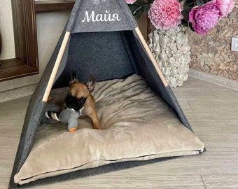 Pet beds, Teepee snuggie house dog Puptent, Grey soft eco-friendly felt of a strong form cozy place relax House bunny Pets dog cat rabbit