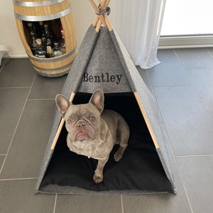 May include: A grey felt dog teepee with a black felt interior and a wooden frame. The teepee has the name "Bentley" embroidered on the front. A grey French bulldog is sitting inside the teepee.