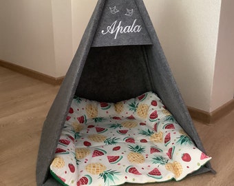 Pet bed Duck, Teepee tent duck, Personalized Teepee Pet, Goose bed indoor kennel house grey puppy pet bed Name for bunny, cat, rabbit, hen