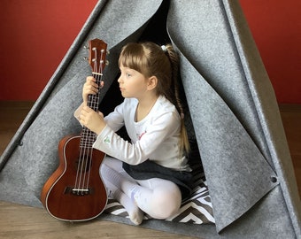 46" Original Teepee, Gray Teepee Tent for kids eco Felt Teepee, solid stability teepee, Pillow Tipi set with LED Light, Tent Play Girls Room