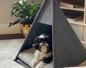 Cozy dog bed, pet bed, dog House, Personalized Teepee tent, Gray bed eco friendly felt of strong form cozy place relax, Gift for dog, bunny