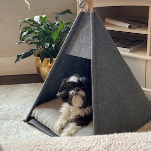 Gezellige hondenmand, huisdierbed, hondenhok, gepersonaliseerde tipi-tent, grijs bed milieuvriendelijk vilt van sterke vorm gezellige plek om te ontspannen, cadeau voor hond, konijn