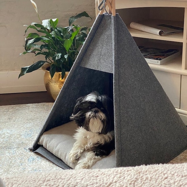 Cozy dog bed, pet bed, dog House, Personalized Teepee tent, Gray bed eco friendly felt of strong form cozy place relax, Bed for Cats, bunny