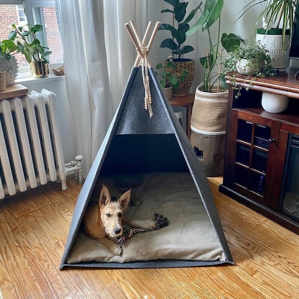 Letto per cani, tenda per cani di grandi dimensioni, animale domestico Teepee personalizzato, letto per cani husky letto per cani al coperto cuccia per cuccioli grigia Nome per Bulldog, Tipi di gatto coniglietto