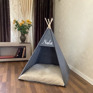 Dog bed, large dogs tent, Personalized Teepee Pet, husky dogs bed indoor kennel house grey puppy pet bed Name for Bulldog, bunny cat Tipi image 2