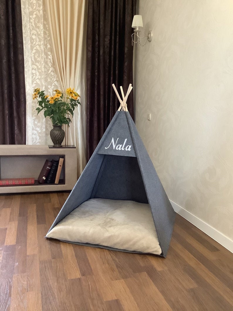 Dog bed, large dogs tent, Personalized Teepee Pet, husky dogs bed indoor kennel house grey puppy pet bed Name for Bulldog, bunny cat Tipi image 2