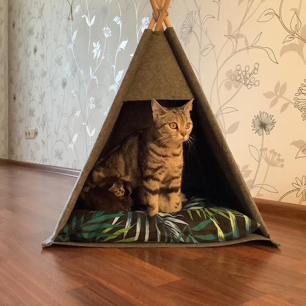 Cama para gatos, muebles para gatos, tipi, cueva para gatos, tienda de campaña, juego de almohadas de fieltro para gatos, cama, almohadas para dormir, tapete para mascotas, cama para animales.