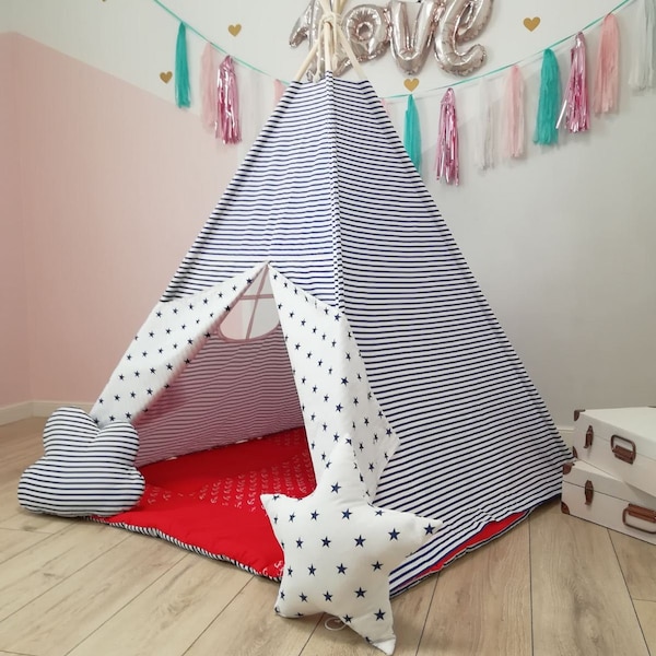 Teepee tent for kids, Navy Blue White Stripes and Window Birthday, led Lights House Indoor play Double-Sided Mat Set Strip Teepee tipi zelt