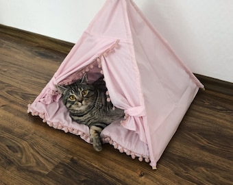 Pet bed cat House cave, Cat furniture, Pink, Gray Ivory,  White  bed for dog, cat bunny, Boho bunny, Tent Cat rabbit, kitten-bed, Pet Tipi