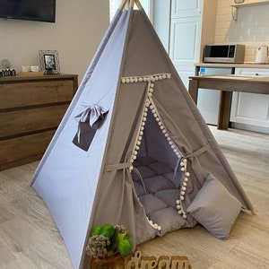 Teepees for kids Gray Tent, toddler Ivory Tipi with blocking system LED Light Kids Teepee Play rug Tent Girls Room Decor, kids furniture