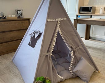 Teepees for kids Gray Tent, toddler Ivory Tipi with blocking system LED Light Kids Teepee Play rug Tent Girls Room Decor, kids furniture