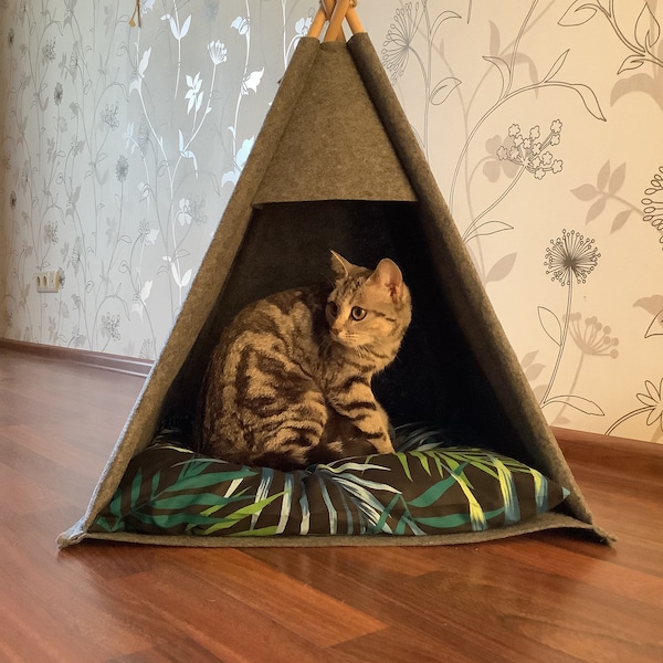 Cat bed teepee pet cave Fluffy mat bunny bed pillow set felt cat bed house pillow for sleeping pet mat cozily bed small Animals Rabbit Beds