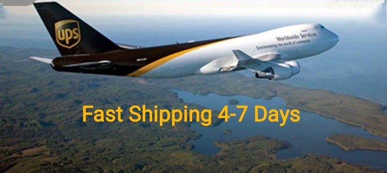 May include: A brown and white UPS cargo plane flying over a green and blue landscape. The text "Fast Shipping 4-7 Days" is displayed below the plane.
