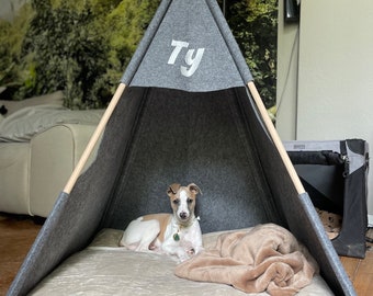 Dog bed, large dogs tent, Personalized Teepee Pet, husky dogs bed indoor kennel house grey puppy pet bed Name for Bulldog, Haustier-Tipi mit