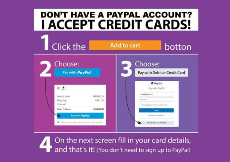 May include: A purple and white graphic with four steps on how to pay with a credit card when you don't have a PayPal account. The steps are numbered 1 through 4. Step 1 says "Click the Add to cart button". Step 2 says "Choose: Pay with PayPal". Step 3 says "Choose: Pay with Debit or Credit Card". Step 4 says "On the next screen fill in your card details, and that's it! (You don't need to sign up to PayPal)".