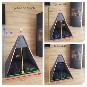 May include: Three gray tipi-style pet beds with wooden poles. The beds are shown with measurements in inches. The smallest bed is 35.5 inches wide, the middle bed is 39 inches wide, and the largest bed is 43 inches wide.