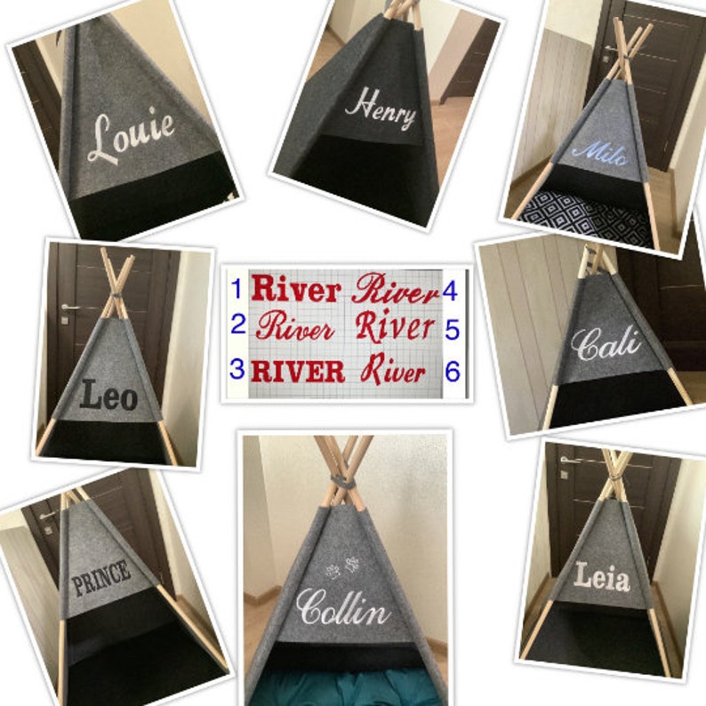 May include: A collage of nine images showing gray felt teepees with personalized names embroidered on the front. The names include Louie, Leo, Henry, Milo, Cali, Prince, Collin, and Leia. The images are arranged in a grid pattern.