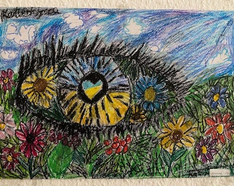 Original Pencil Drawing - Colorful Floral Eye Art