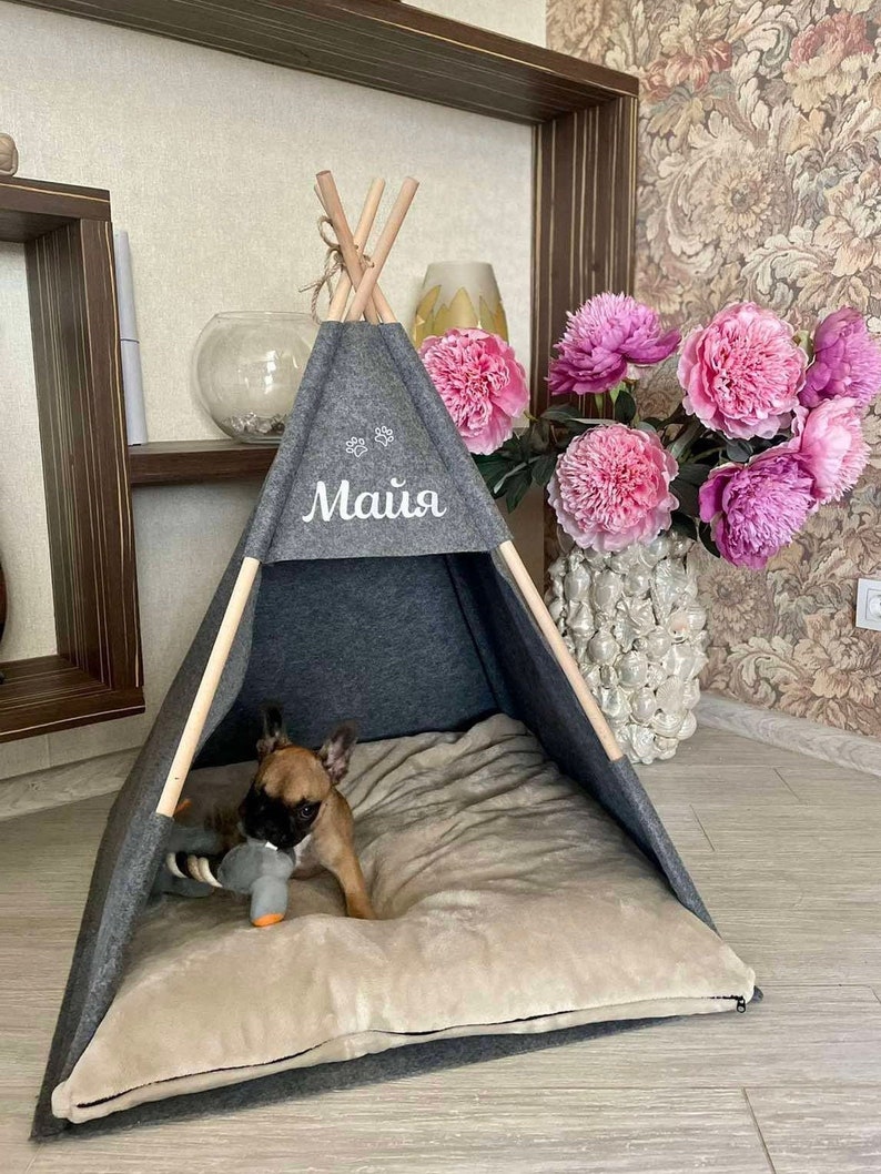 Pet beds, Teepee snuggie house dog Puptent, Grey soft eco-friendly felt of a strong form cozy place relax House bunny Pets dog cat rabbit image 1