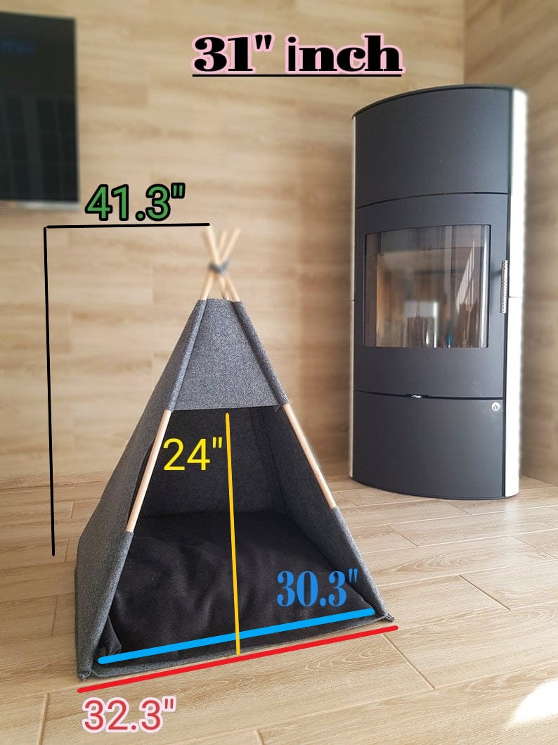 May include: A gray teepee-style pet bed with a black cushion. The bed measures 32.3 inches wide, 30.3 inches deep, and 24 inches tall. The bed is 41.3 inches high.
