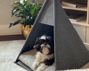 Tent for dog, Pet beds, Teepee snuggie house dog Puptent, Grey soft eco-friendly felt of a strong form cozy place relax House bunny Pets dog