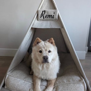 Könnte beinhalten: Ein beiges Hundebett in einem Tierhaus im Tipi-Stil. Das Hundehäuschen hat eine beige Leinwandaußenseite und Holzpfähle. Ein flauschiger, cremefarbener Hund liegt auf dem Bett. Der Name "Remi" ist auf einem kleinen Banner gestickt.