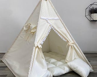 Play mat for kids, indoor tent, Toddler teepee, Toy Teepee Play, Tent for Kids, Canvas, Teepee beige color, Tent play cave, Flat Mat beige
