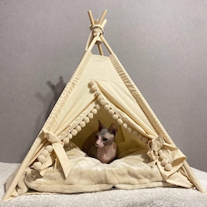 Cat Bed, Beige 23&quot;, Cat Teepee bed, Cat Cave, Dog  House safe, Pet Furniture - custom bed, Soft bunny bed, Cat house, Cat furniture bed tent
