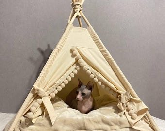 Cat furniture, Beige Cat Teepee 23”,27 Soft Bunny Tent House for Indoor Cats and Small Dogs