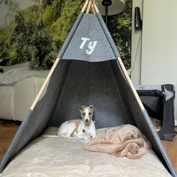 XL Bed Pets 39"Teepee for Big Dogs, large dogs tent, Personalized Teepee Pet husky dogs bed indoor kennel house grey puppy pet bed Name