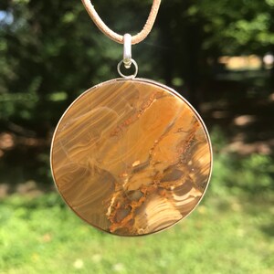 Round Agate Pendant Necklace: Sterling Silver, Brown Leather, 28 Inch