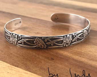 Sterling silver floral pattern cuff bracelet