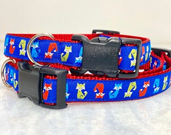 Fox Dog Collar Red and Blue 3/4 inch Small Dog Collar